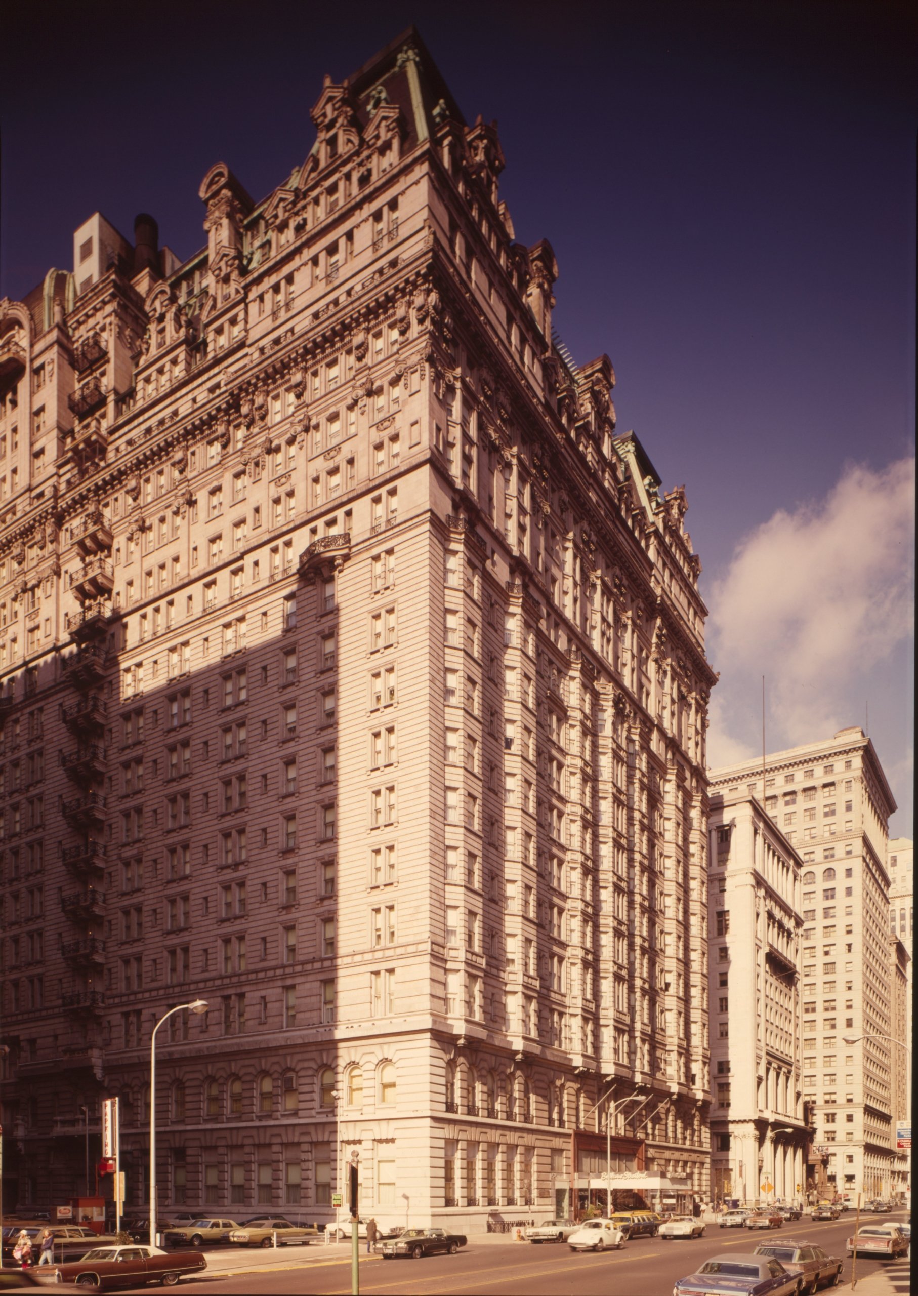 A historic photo of The Bellevue's exterior from the middle of the 20th Century