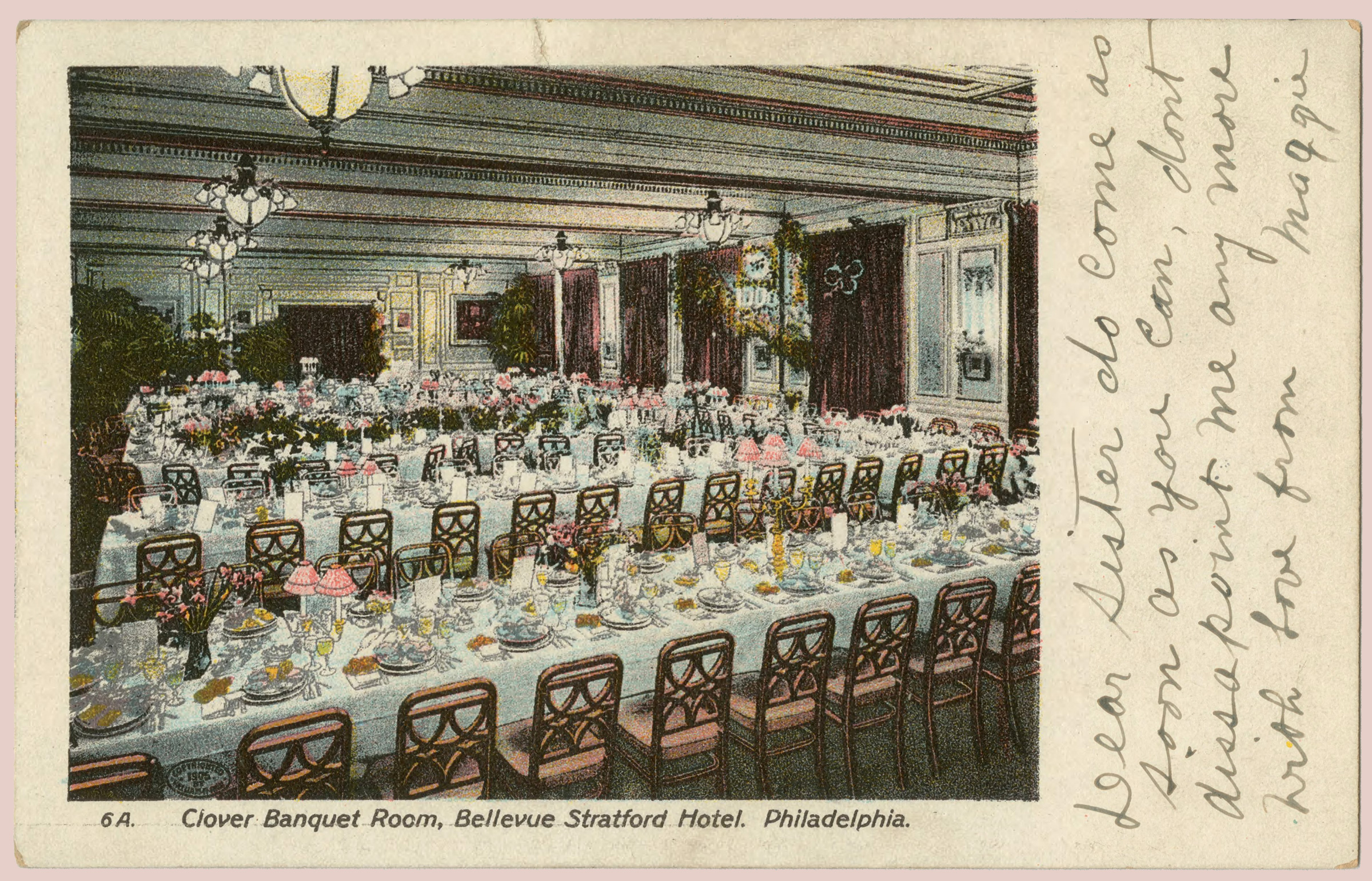 A historic postcard of The Clover Room. There is a handwritten note that says 