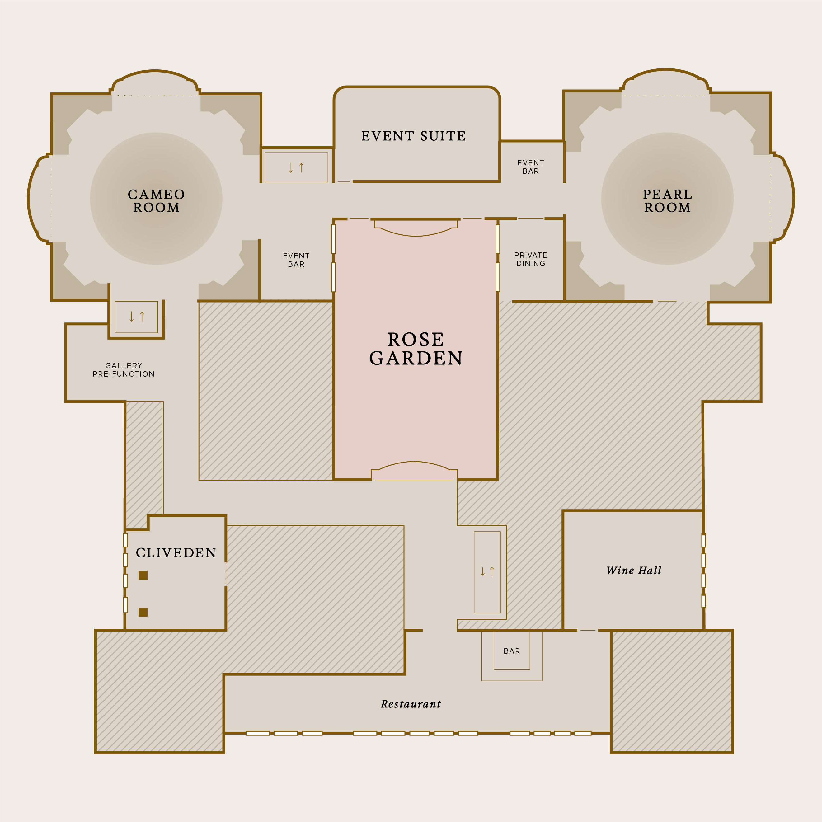 A floor plan highlighting the position of the Rose Garden on the 19th floor. The room is located at the center of the building, between the Cameo Room and the Pearl Room