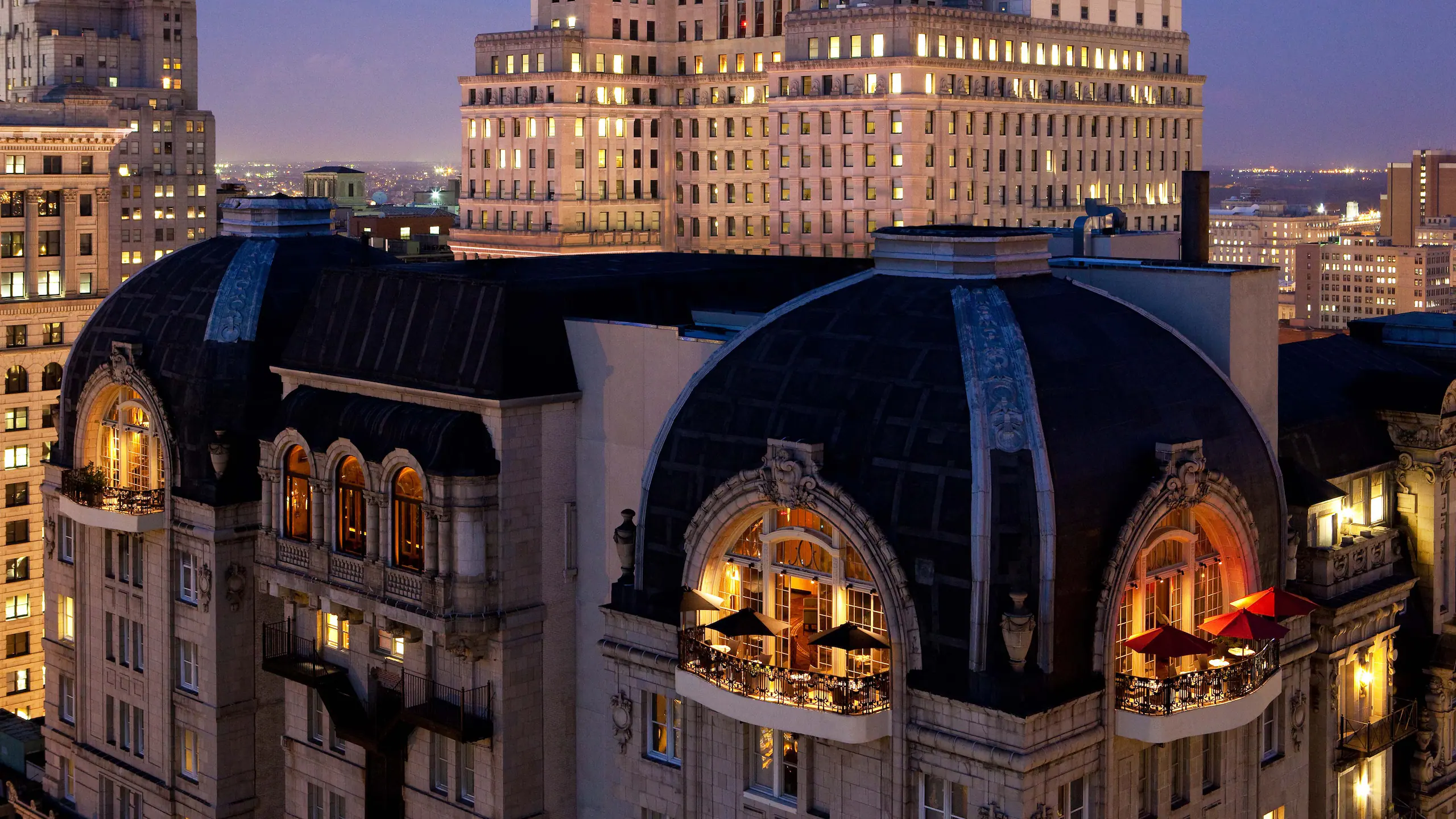 The rooftop of The Bellevue Hotel overlooking the Philadelphia skyline