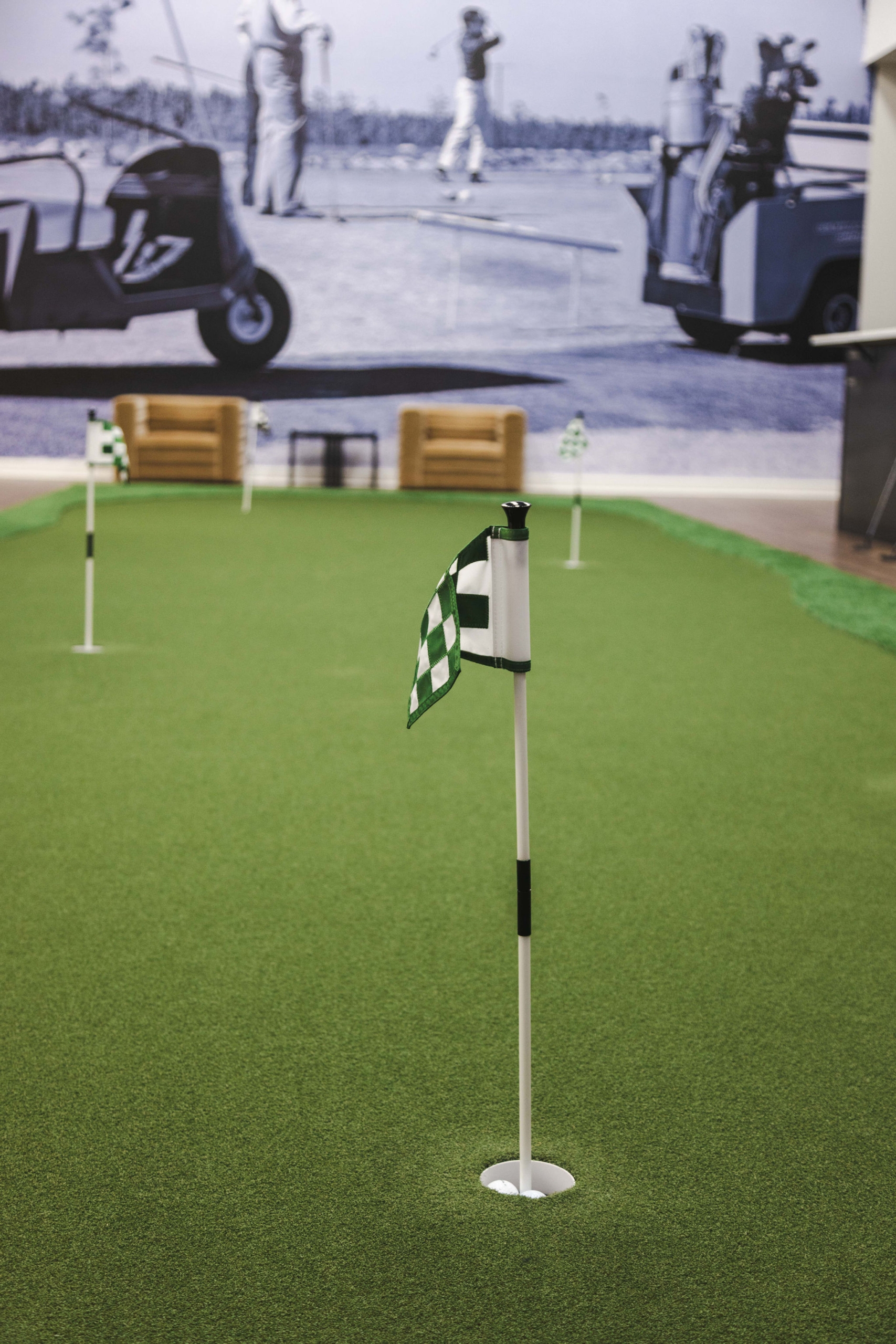 An indoor putting green