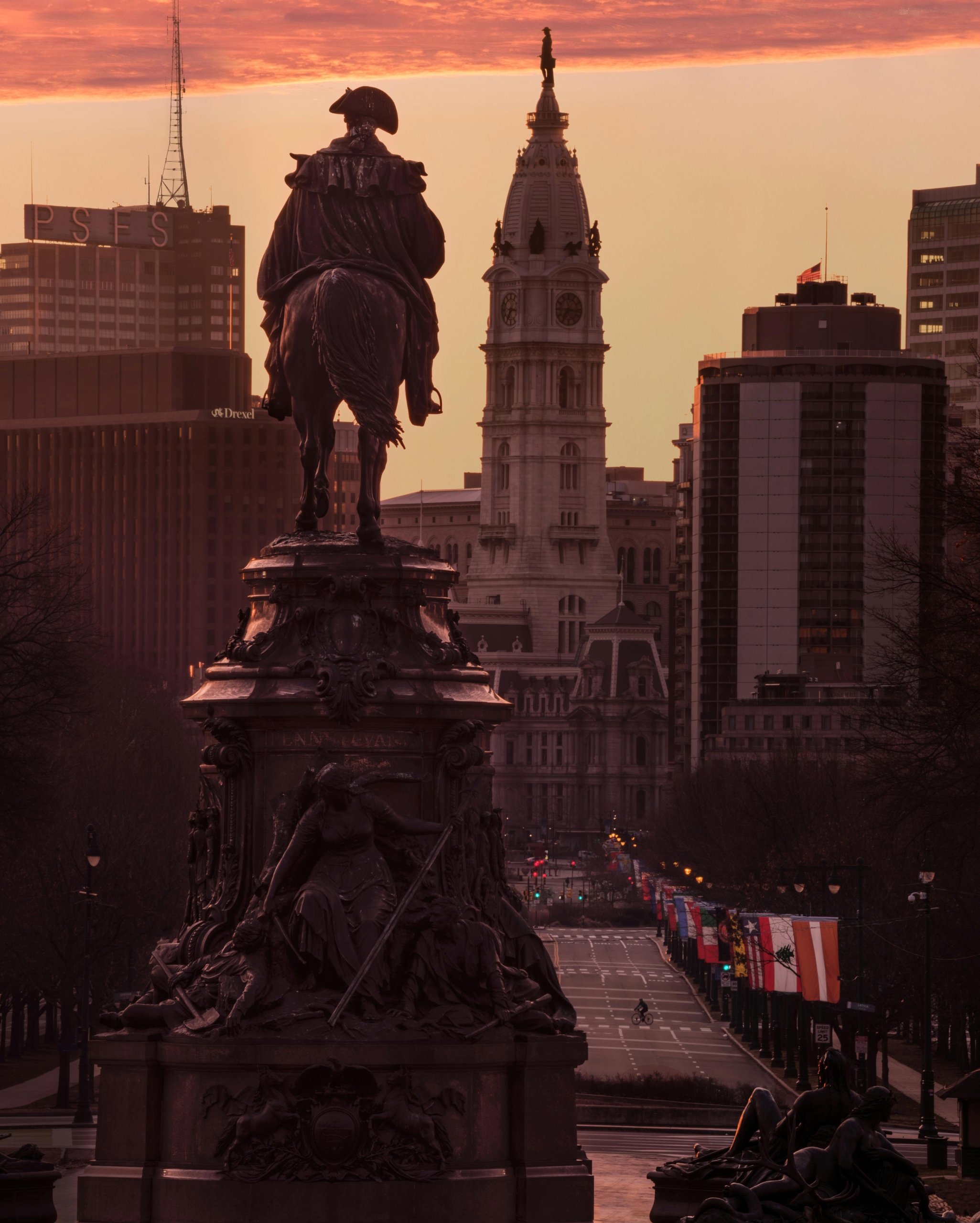 Philadelphia's City hall at Sunset shot from above with a view of the William Penn Statue